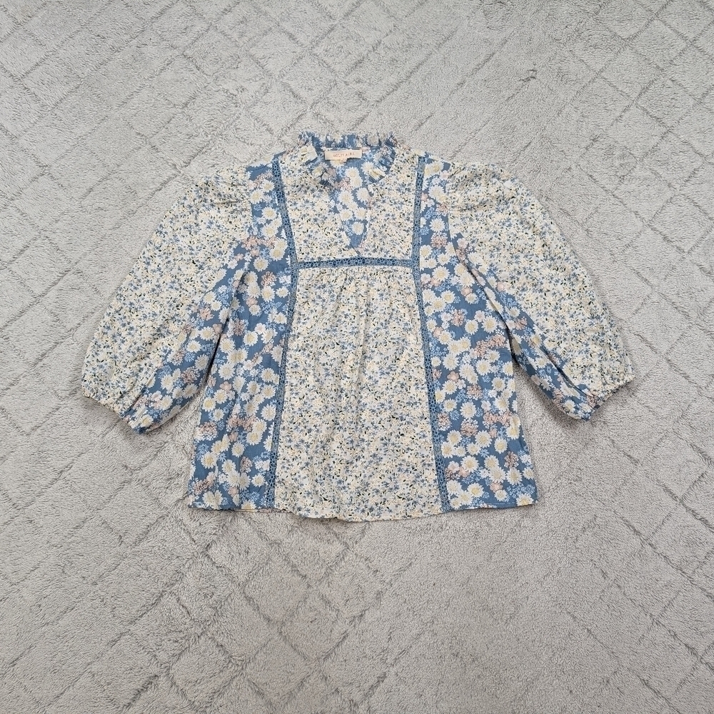 Solitaire Top Womens S Blue Floral Lace Embroidered Peasant Puff Sleeve Blouse